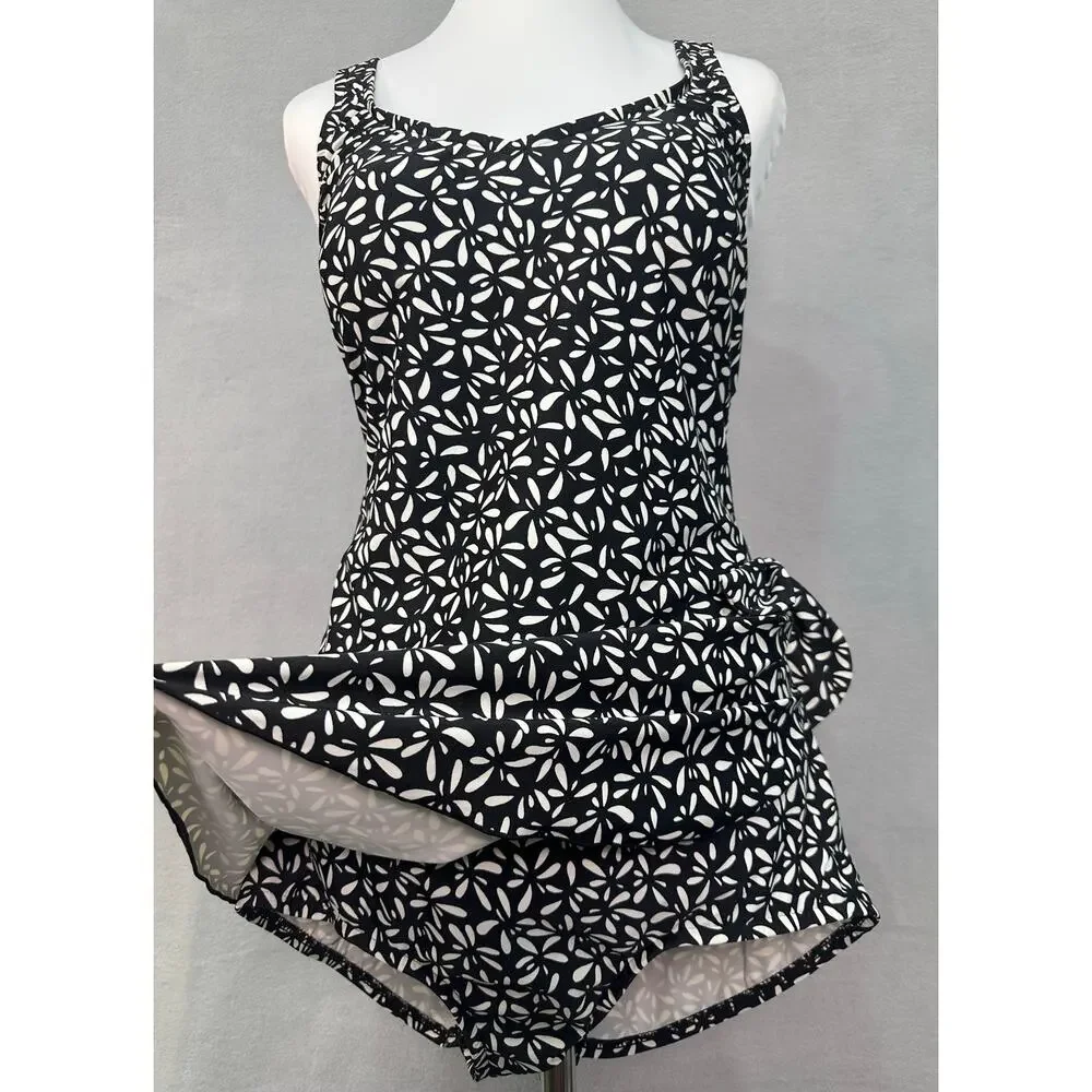 Maxine Black & White Abstract Floral Swim Dress One Piece Plus Size 16W